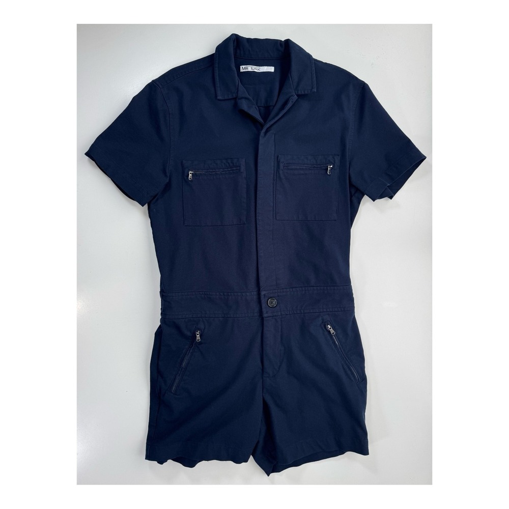 MR TURK Collared Short Sleeve Jumpsuit Romper Mens Medium ? Blue Zip Pockets